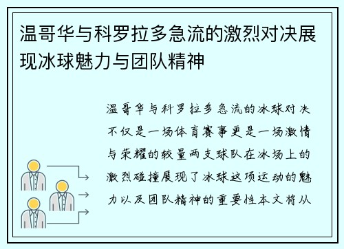 温哥华与科罗拉多急流的激烈对决展现冰球魅力与团队精神